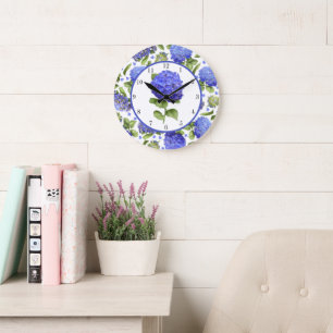 Grande Horloge Ronde Hydrangeas Bleus Art Botanique Floral