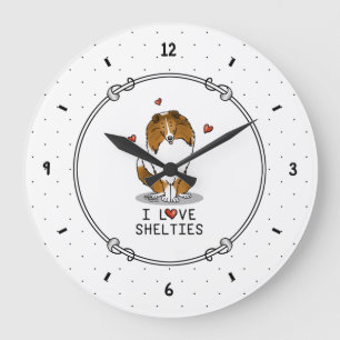 Grande Horloge Ronde I Love Shelts (sable 2) Shetland Sheepdogs mignonn