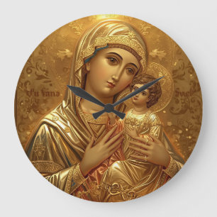 Grande Horloge Ronde Icône de la Vierge Marie en or priant