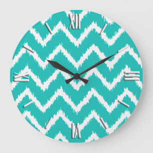 Grande Horloge Ronde Ikat Chevrons - Turquoise et blanche