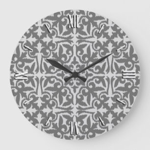 Grande Horloge Ronde Ikat damask pattern - gris clair et gris moyen