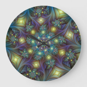 Grande Horloge Ronde Illuminé Abstrait Brillant Turquoise Violet Art Fr
