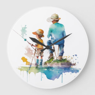 Grande Horloge Ronde Illustration aquarelle d'un père et d'un fils en a