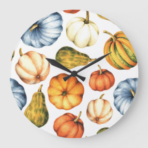 Grande Horloge Ronde Illustration citrouille : Motif d'aquarelle transp