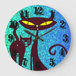 Grande Horloge Ronde Illustration d'amoureux des chats sur fond bleu aq