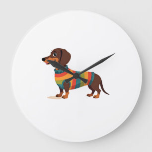 Grande Horloge Ronde Illustration de dachshund en pull vintage arc-en-c