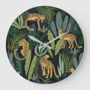 Grande Horloge Ronde Illustration de la forêt de Leopard Jungle sans vo