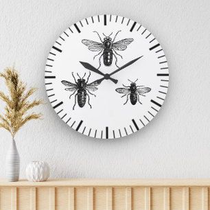 Grande Horloge Ronde Illustration de l'abeille vintage et des abeilles