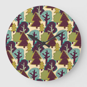 Grande Horloge Ronde Illustration des arbres à gribouillis couleur forê