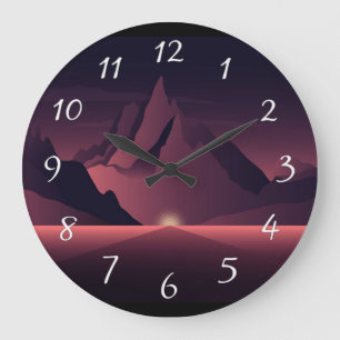 Grande Horloge Ronde Illustration du coucher de soleil sur une montagne