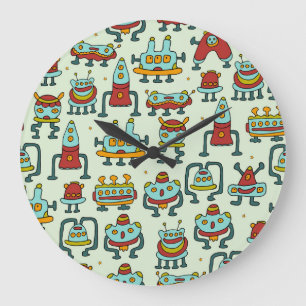 Grande Horloge Ronde Illustration du Motif Vintage des Aliens robots