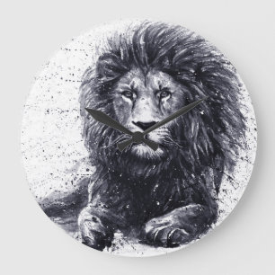 Grande Horloge Ronde Illustration en noir et blanc de lion.
