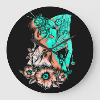 Grande Horloge Ronde Illustration Floral Gaisha Woman