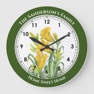 Grande Horloge Ronde Illustration florale de lis jaunes au lavis