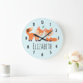 Grande Horloge Ronde Illustration graphique des renards orange mignons (Maison)