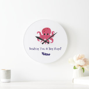 Grande Horloge Ronde Illustration Kawaii de Pieuvre Rose Adorable et Mi
