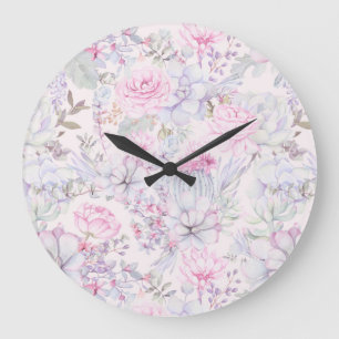 Grande Horloge Ronde Illustration rose florale Succulent Motif d'été