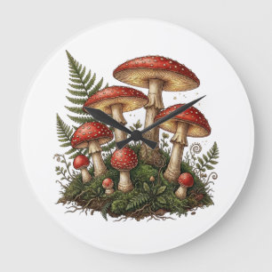 Grande Horloge Ronde Illustration vintage de champignon Amanite tue-mou