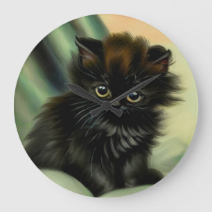 Grande Horloge Ronde Illustration vintage de Kitten noir