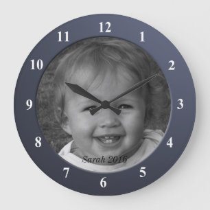 Grande Horloge Ronde Image personnalisée personnelle et cadre bleu tex