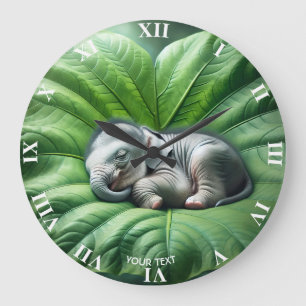 Grande Horloge Ronde Imaginaire Bébé mignon Eléphant Feuille