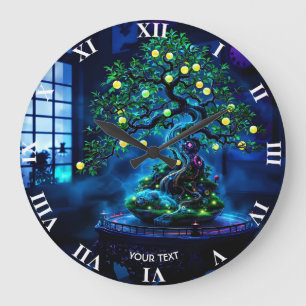 Grande Horloge Ronde Imaginaire Belle Bonsai Arbre Lumières