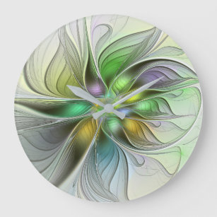 Grande Horloge Ronde Imaginaire coloré Fleur moderne Abstrait Fractal