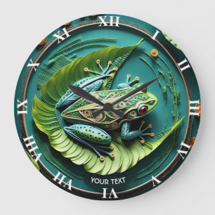 Grande Horloge Ronde Imaginaire Cute Frog Feuilles Filigree