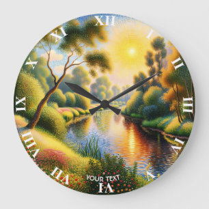 Grande Horloge Ronde Imaginaire mignon Pointillisme Rivière du paysage