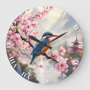 Grande Horloge Ronde Imaginaire mignon Sakura Bleu d'oiseau