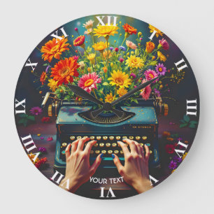 Grande Horloge Ronde Imaginaire mignonne machine à écrire Fleurs mains
