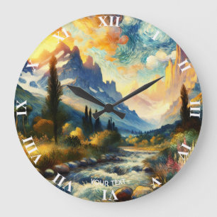 Grande Horloge Ronde Imaginaire Mignonnes Montagnes Paysage Coucher de