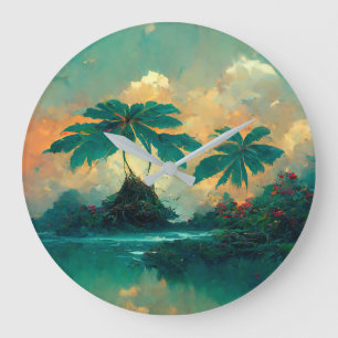 Grande Horloge Ronde Imaginaire tropical Mer & Palmiers