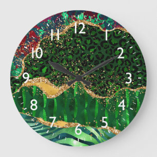 Grande Horloge Ronde Impression d'agate de safari vert