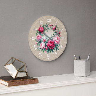 Grande Horloge Ronde Impression d'art Couronne de pivoines aquarelle