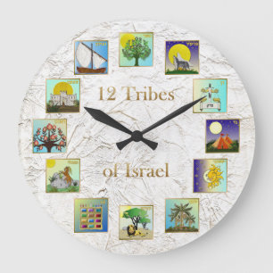 Grande Horloge Ronde Impression d'art Judaica 12 Tribus d'Israël