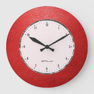 Grande Horloge Ronde Impression de faux cuir rouge