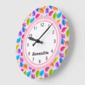 Grande Horloge Ronde Impression de feuille rose pâle (Angle)