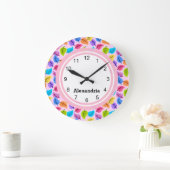 Grande Horloge Ronde Impression de feuille rose pâle (Maison)