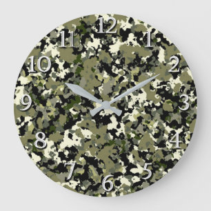 Grande Horloge Ronde Imprimé à motif de camouflage vert noir crème