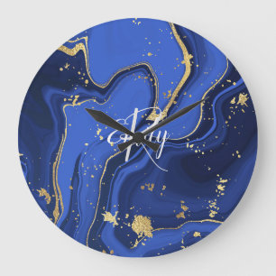 Grande Horloge Ronde Indigo Blue Agate Marbre Nom Abstrait Monogramme