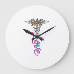 Grande Horloge Ronde Infirmière Amour Caducée Floral Médical Design Ver