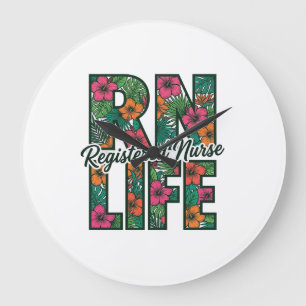 Grande Horloge Ronde Infirmière diplômée RN Life Floral Vector Design_1