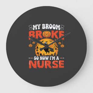 Grande Horloge Ronde Infirmière Halloween Balai Cassé Sorcière Graphiqu