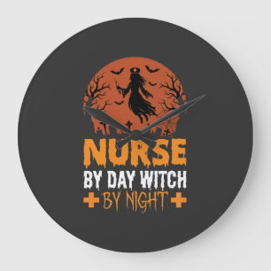 Grande Horloge Ronde Infirmière Halloween de Jour Sorcière de Nuit