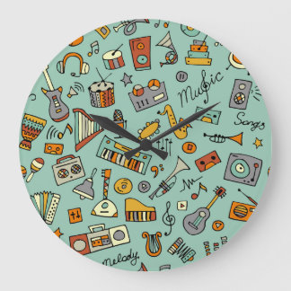Grande Horloge Ronde Instruments de musique, motif de croquis vintage.