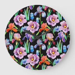 Grande Horloge Ronde Iris Peony Aquarelle Motif Floral