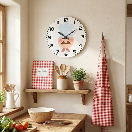 Grande Horloge Ronde Italian Chef Face with Mustache and Hat