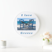 Grande Horloge Ronde J'aime Grèce taverna photo bleu et blanc (Maison)