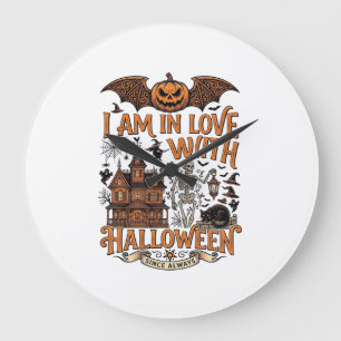 Grande Horloge Ronde J'aime Halloween Maison Hantée Squelette Citrouill